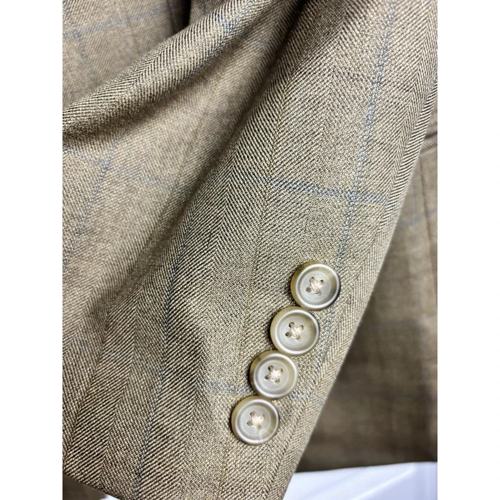 JOSEPH & FEISS Mens 43R Beige WINDOWPANE Wool & Silk Sport Coat Blazer Suit Coat